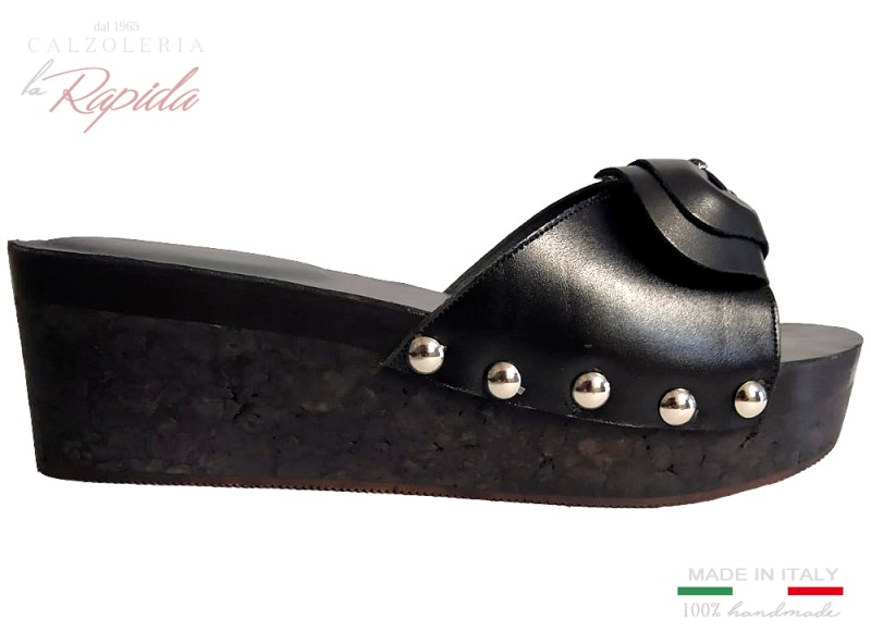 Zeppa Elegante da Donna con Fiore in Pelle Nera e Sughero