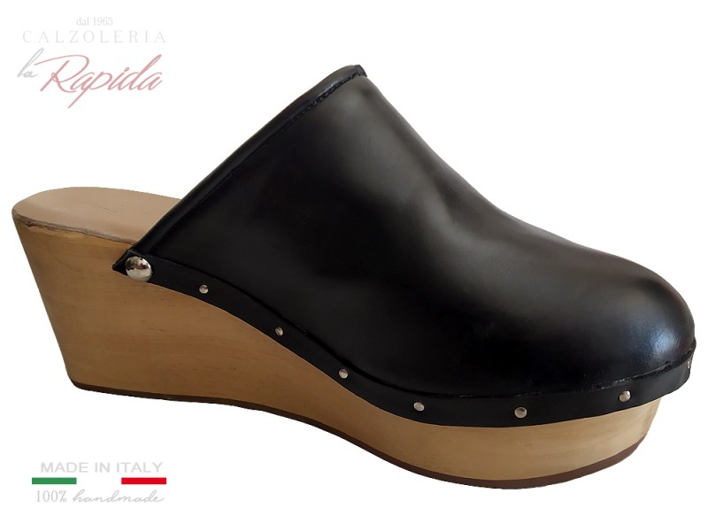 Zeppa Donna Elegante in Legno e Pelle Nera Estate 