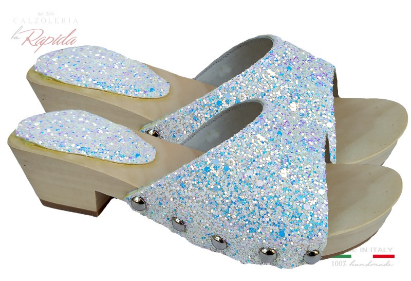 Zoccoli Clogs Bambina in Legno Fascia Bianca Glitter