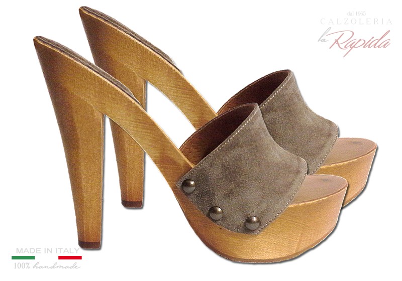 Zoccoli Beige Camoscio Tacco Alto in Legno