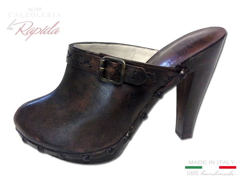 Sabot donna tacco fine in pelle marrone scuro vintage | La Rapida