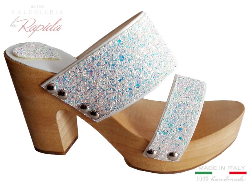 Zoccoli in pelle bianca con strass e glitter | La Rapida