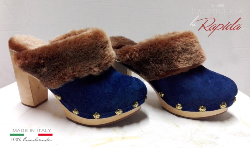 ► Sabot blue invernali con pelliccia marrone | Sabot Donna | LA RAPIDA