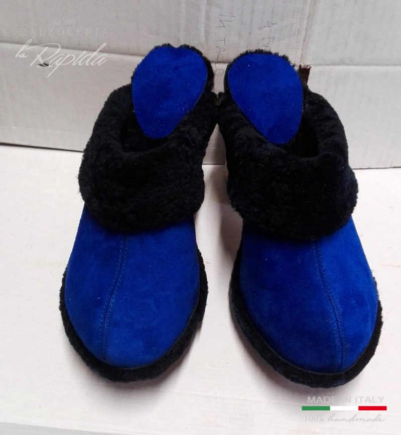 Sabot donna inverno in pelle blu con pelo | La Rapida