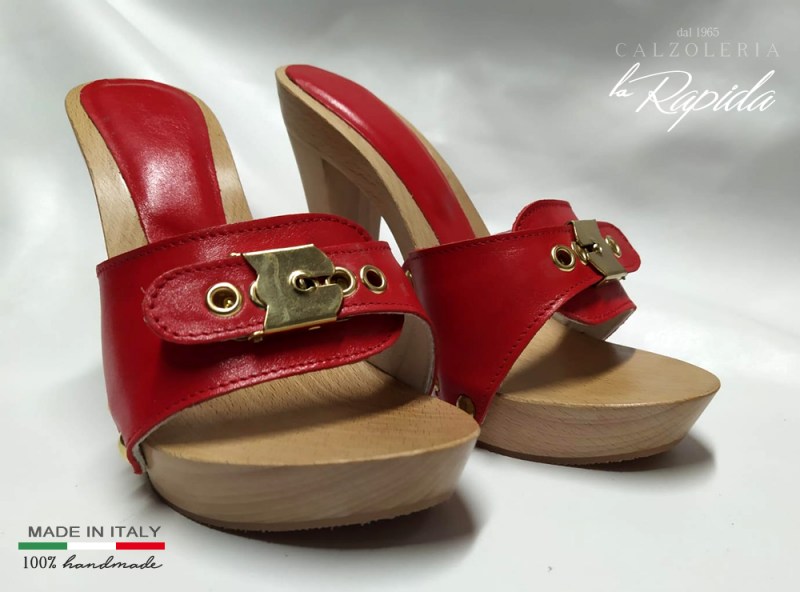 ► Zoccoli in pelle rossi fascia regolabile tacco alto | LA RAPIDA