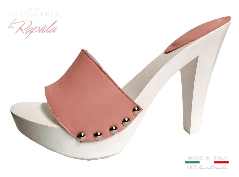 Zoccoli tacco alto con fascia rosa legno bianco, Mules Pink Clog | La Rapida