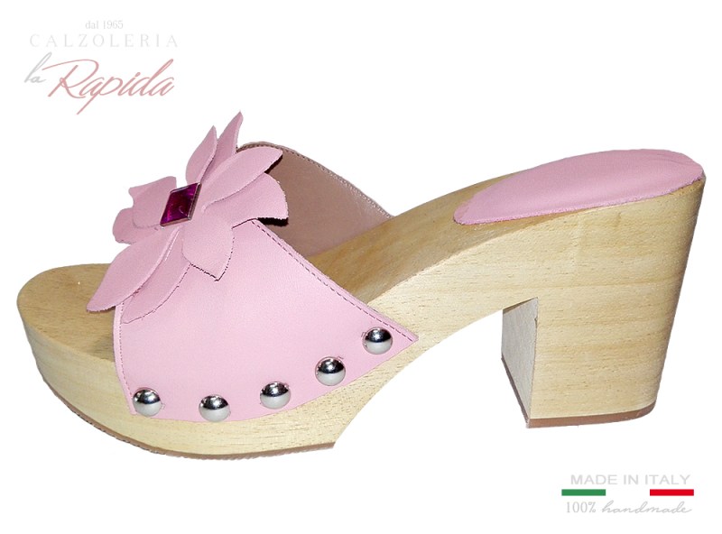 Zoccoli Tacco 8 cm in legno e pelle estate 2024