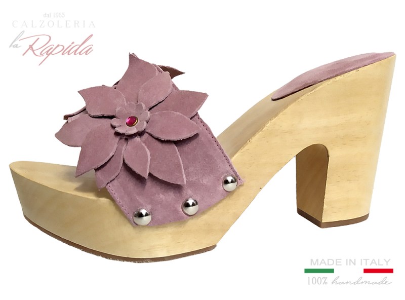 Zoccoli Rosa con Fiori in Pelle Camoscio Tacco Medio Estate