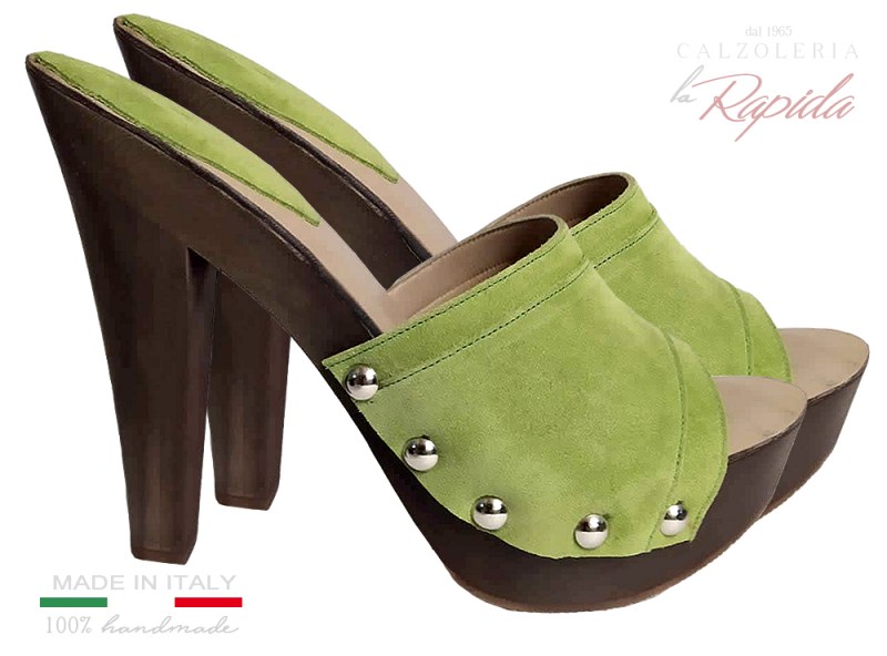 Mules Clogs Green Zoccoli Artigianali Tacco in Legno Alto Fine in Pelle Estate