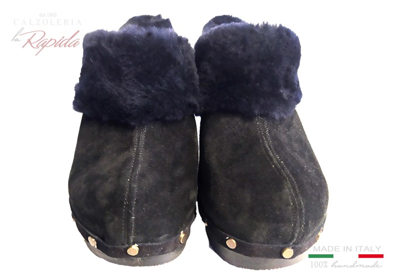 Mules Sabot Donna Camoscio Nero Pelliccia Inverno