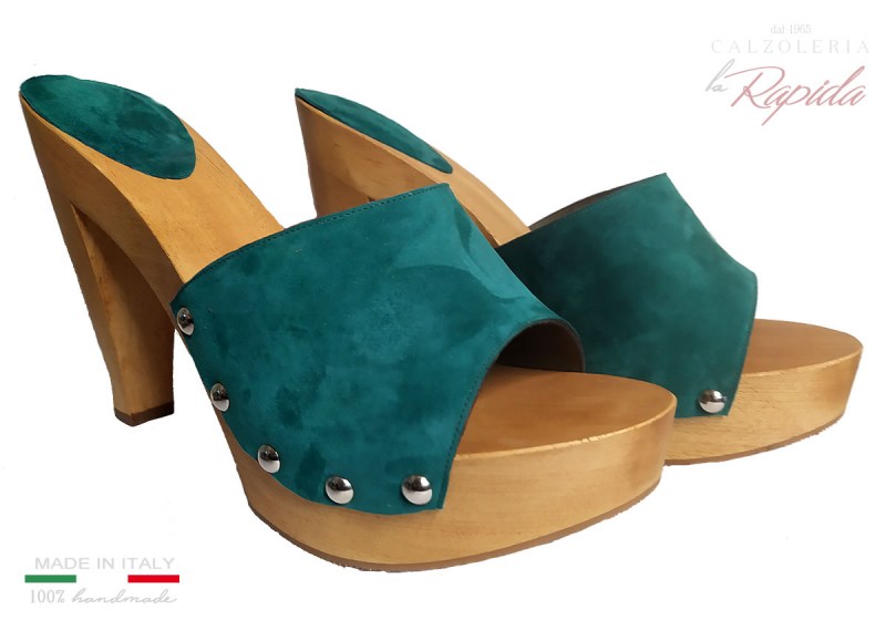 Zoccoli Verdi Donna Pelle Camoscio Tacco in Legno Alto | La Rapida
