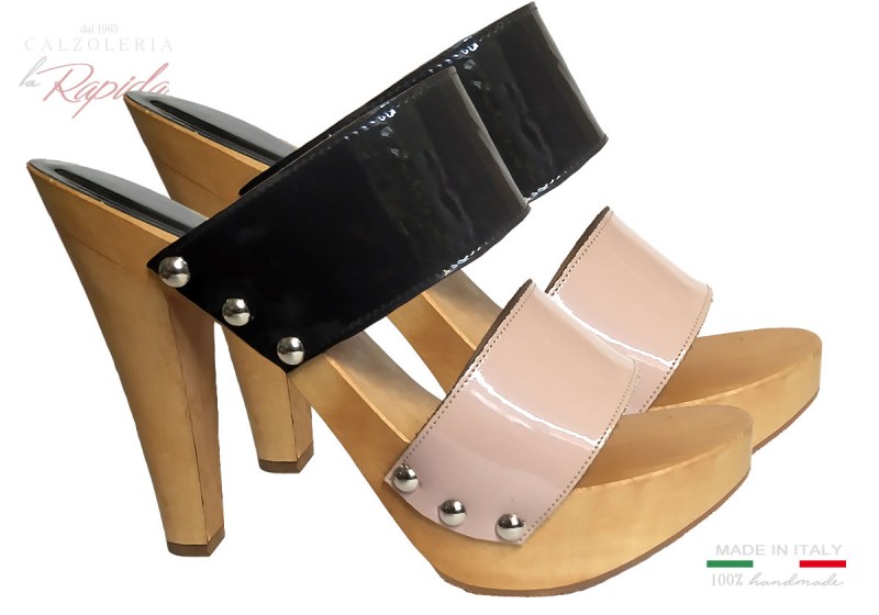 Zoccoli Donna Estate 2024 Pelle Rosa Nero Lucido Tacco Alto Sexy | La Rapida