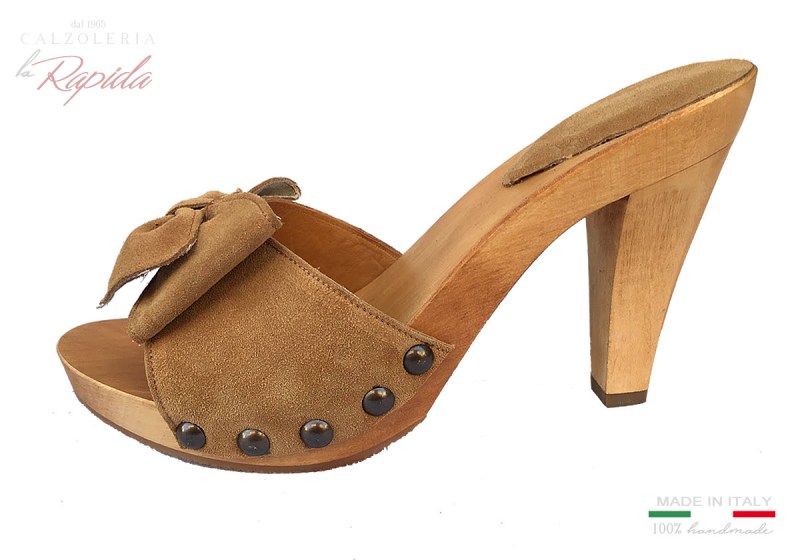 Zoccoli Donna Fiocco Pelle Camoscio Cammello Primavera Estate 2024