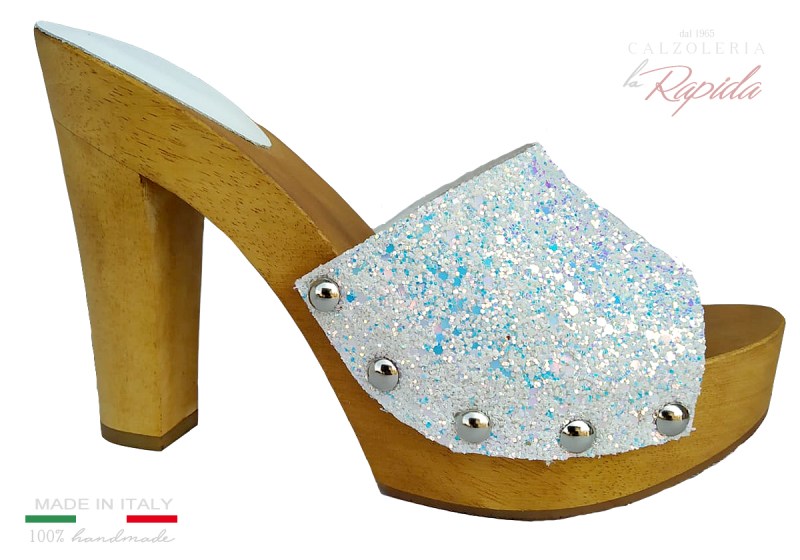 Zoccoli Glamour Chic Donna Moda Primavera Estate 2024 Glitter Bianco