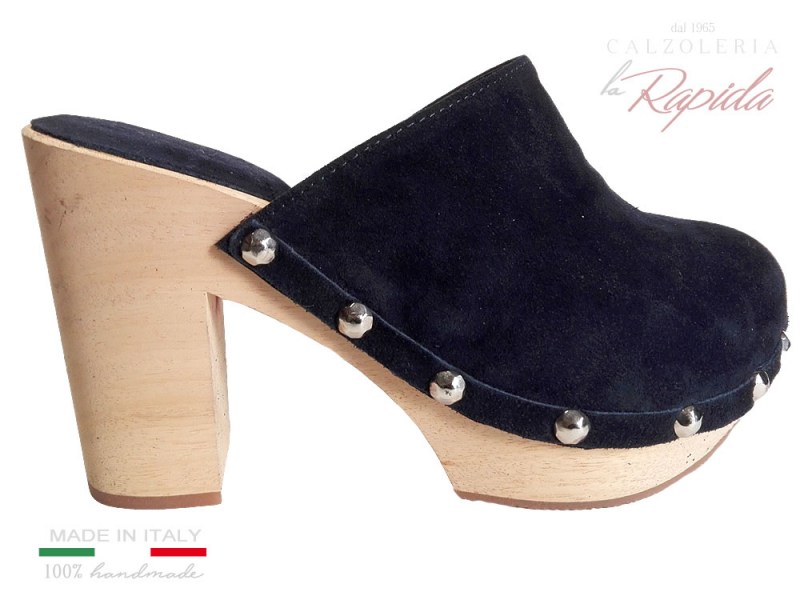 Sabot donna con tacco in legno e pelle blue navy | La Rapida Betti1965