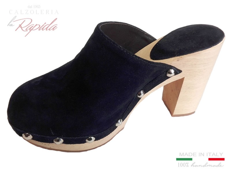 Sabot donna | Sabot in legno in pelle scamosciata Blu | Sabot tacco alto aritigianali