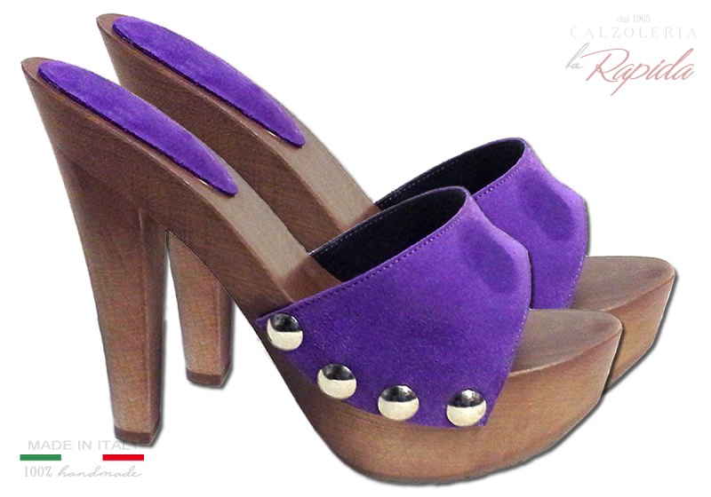 Zoccoli Legno Viola Camoscio Moda Estate 2024 Tacco Alto