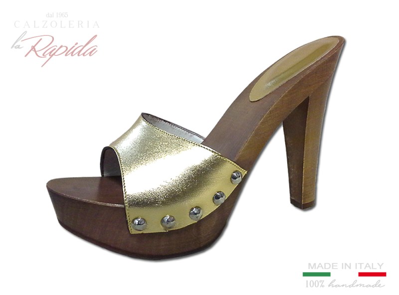 Zoccoli Oro Pelle D'orata Tacco in Legno Moda 2024
