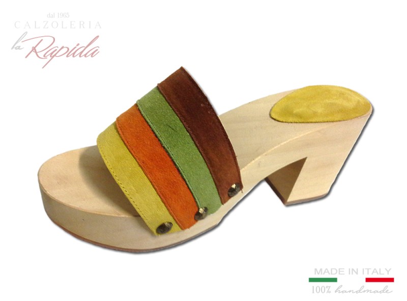 Zoccoli Legno Estate 2024 Colorati Pelle Camoscio Arcobaleno | La Rapida