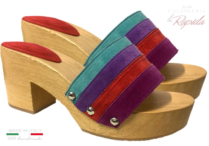 Zoccoli Legno Tacco Medio Camoscio Vari colori