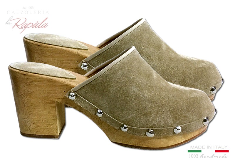 Zoccoli Legno Danesi Danish Clohs Beige Camoscio | La Rapida